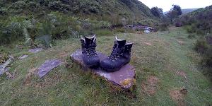 Image of the author's Raichle MT Trail GTX boots perched on a flat rock just before another long day in the Brecon Beacons.