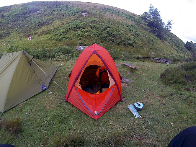 Head on view of the Vaude Hogan UL Argon. The porch flap in this configuration also acts as ventilation flap, although usually not quite this far open.