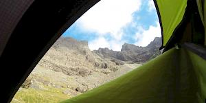 Picture taken out of the inside of a green and black tent of Sgurr Alasdair in the Cuillin Hills on the Isle of Skye.