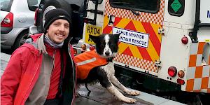 Picture showing the author with Ben, the young border collie back at base after a successful afternoon of hide and seek.